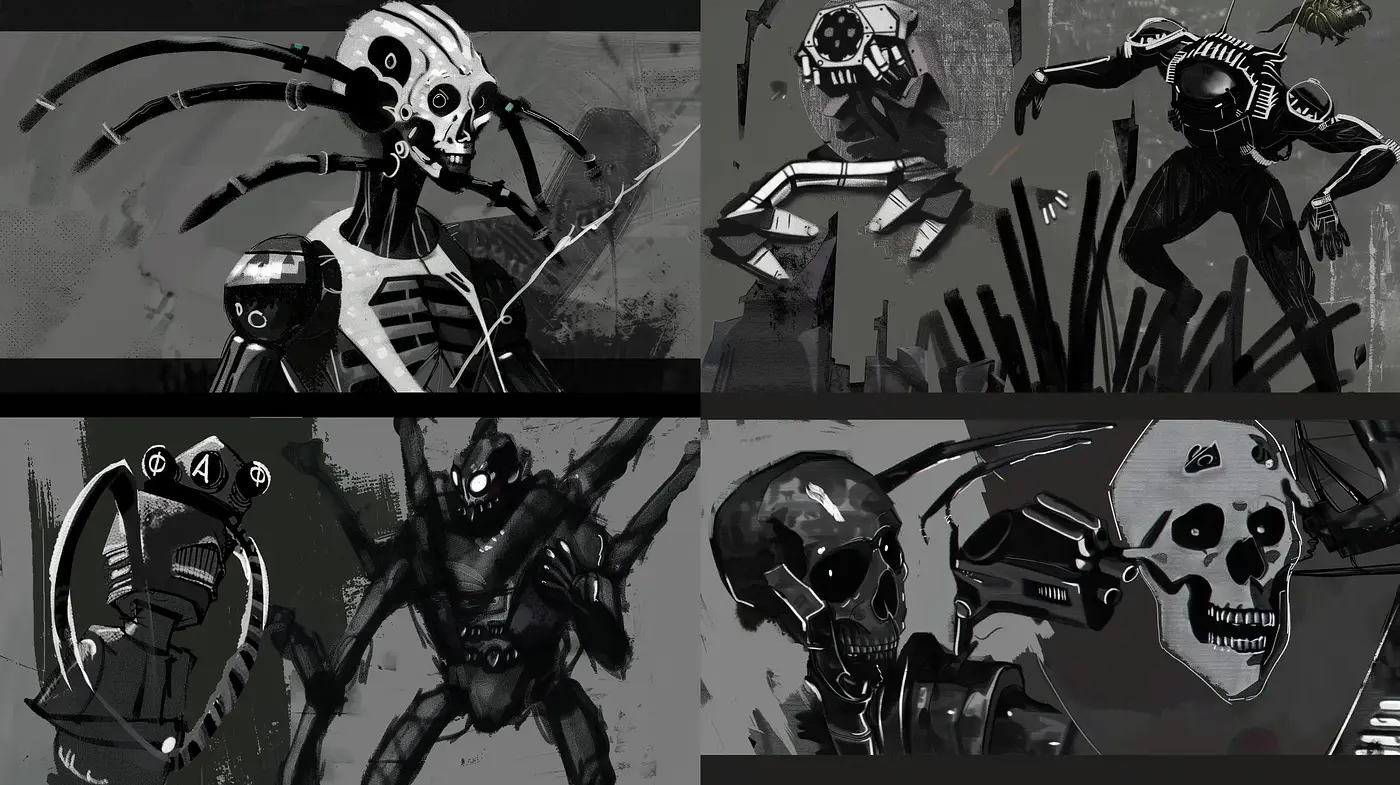Shadowed Monochrome: An Ode to Mechanical Grit and Visceral Details - Midjourney sref style