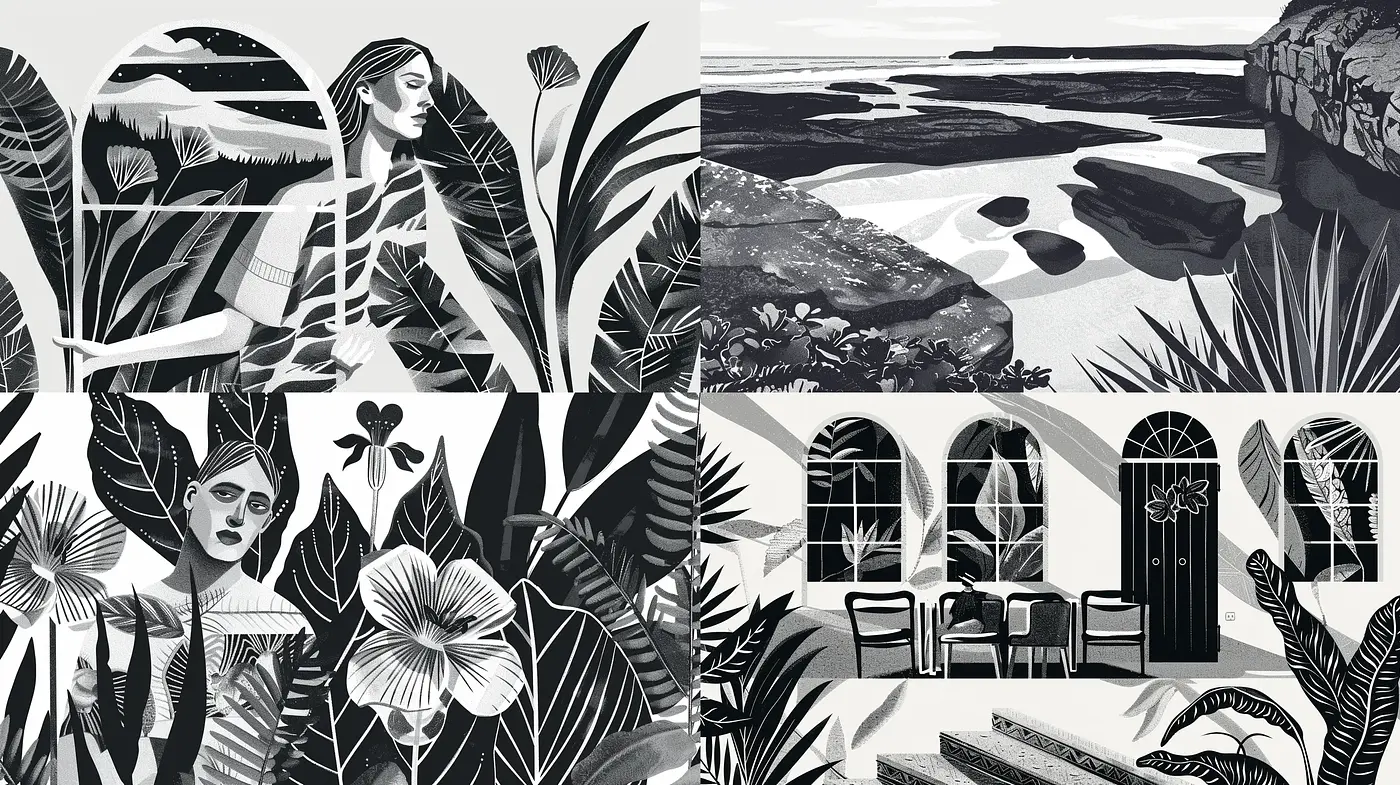 Monochromatic Botanical Elegance with a Splash of Art Deco - Midjourney sref style