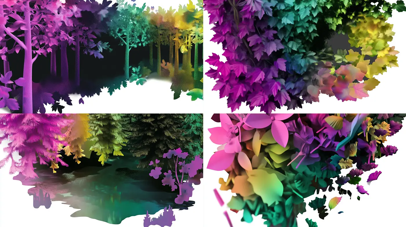 Enchanted Chromatic Woodland: A Synthesis of Nature and Dreamlike Hues - Midjourney sref style