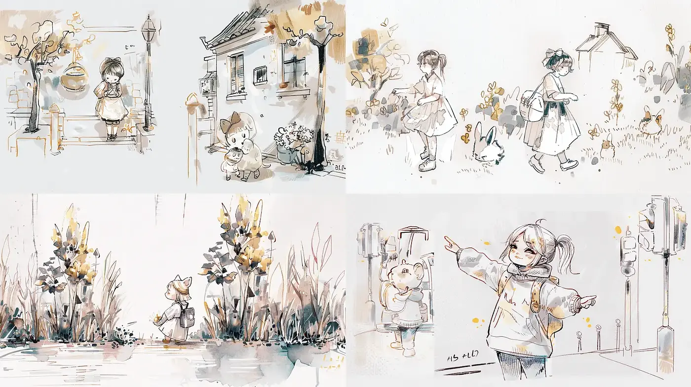 Whimsical and Nostalgic Illustrations with Watercolor Techniques - Midjourney sref style