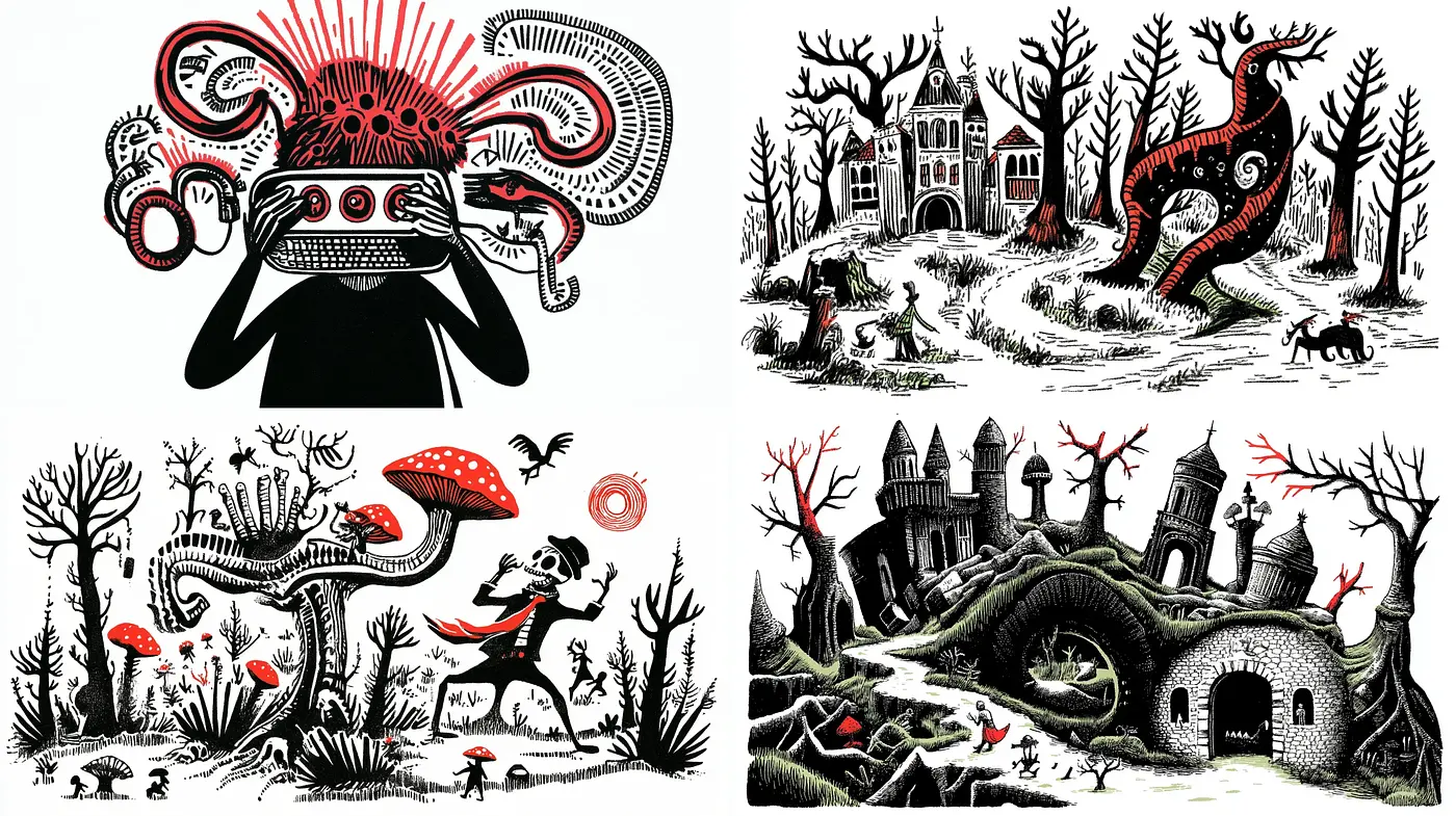 Enchanted Monochromatic Folklore Scenes with Surrealist Elements - Midjourney sref style