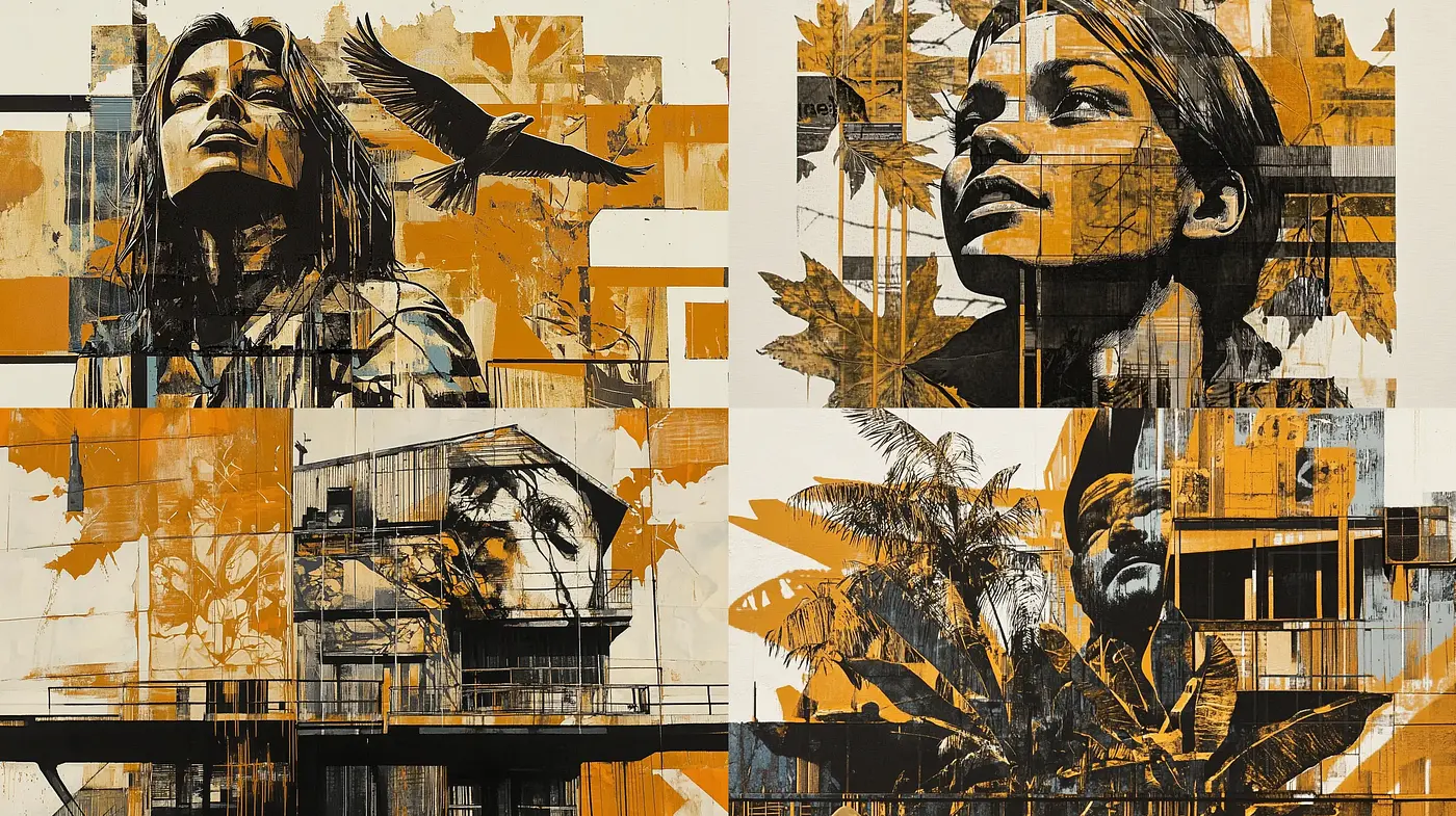 Urban Tapestry: A Montage of Fragmented Memories in Sepia - Midjourney sref style