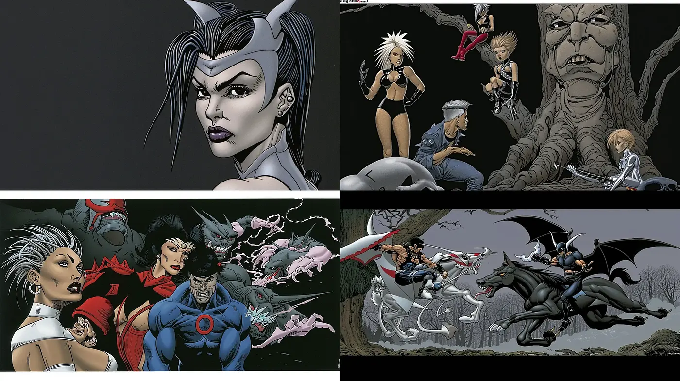 Dynamic Comic-Inspired Illustration with a Dark and Atmospheric Undertone - Midjourney sref style