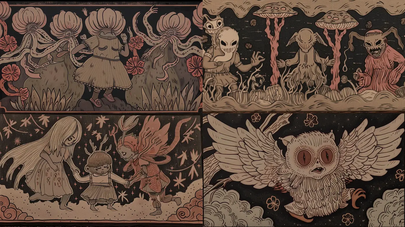 Eerie Folkloric Engravings with a Dark Whimsical Twinge - Midjourney sref style