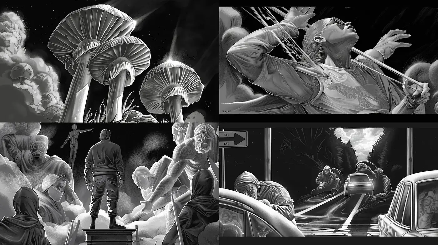 Dynamic and surreal monochromatic aesthetic with a touch of contemporary surrealism - Midjourney sref style