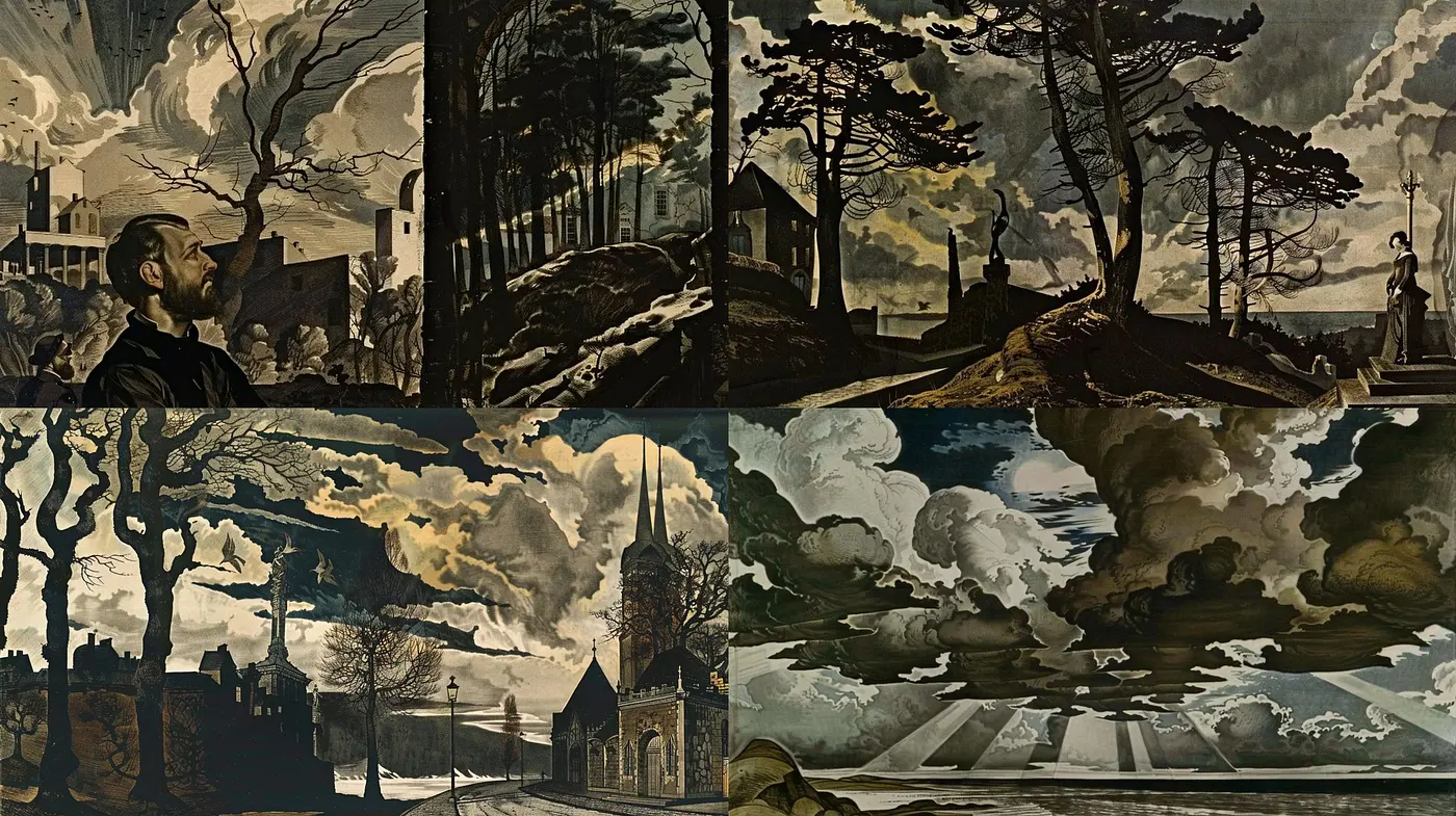 Monochromatic Twilight: Echoes of Romanticism and Surrealism - Midjourney sref style