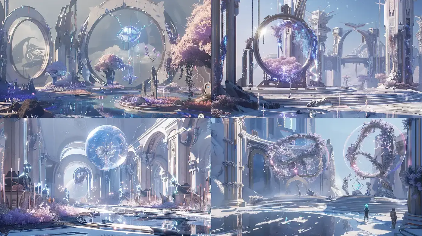 Futuristic ethereal landscapes with architectural harmony and vibrant flora - Midjourney sref style
