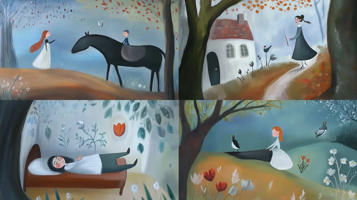 Whimsical Storybook Elegance in Cool Forest Tones - Midjourney sref style