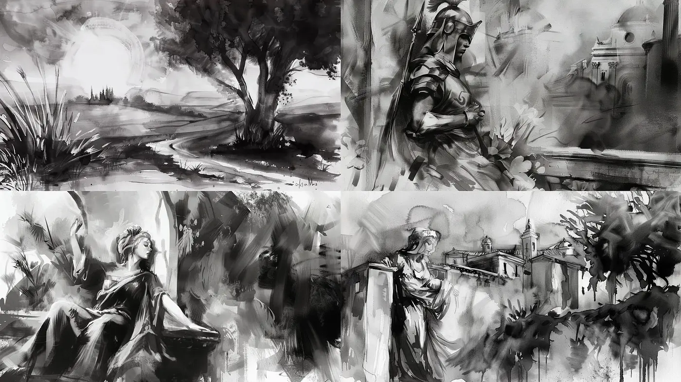 Monochromatic Elegance in Fluid Brushwork - Midjourney sref style