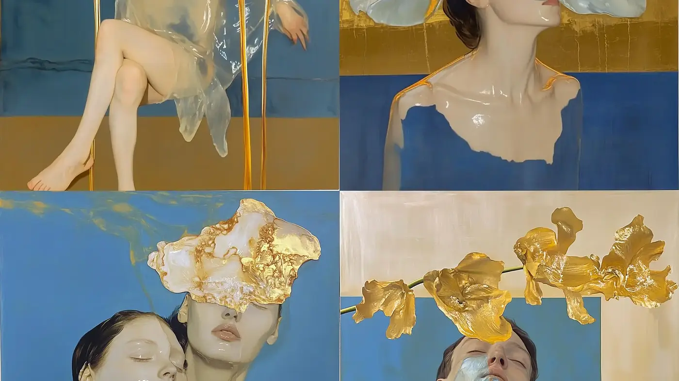 Echoes of Serenity: The Fusion of Photorealism with Gold Leaf Abstract - Midjourney sref style