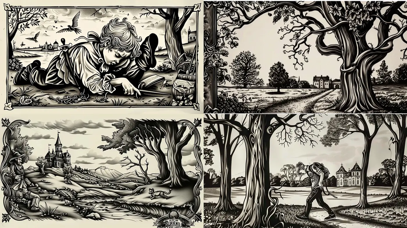 Monochromatic Rustic Tableaux with a Whimsical Twist - Midjourney sref style