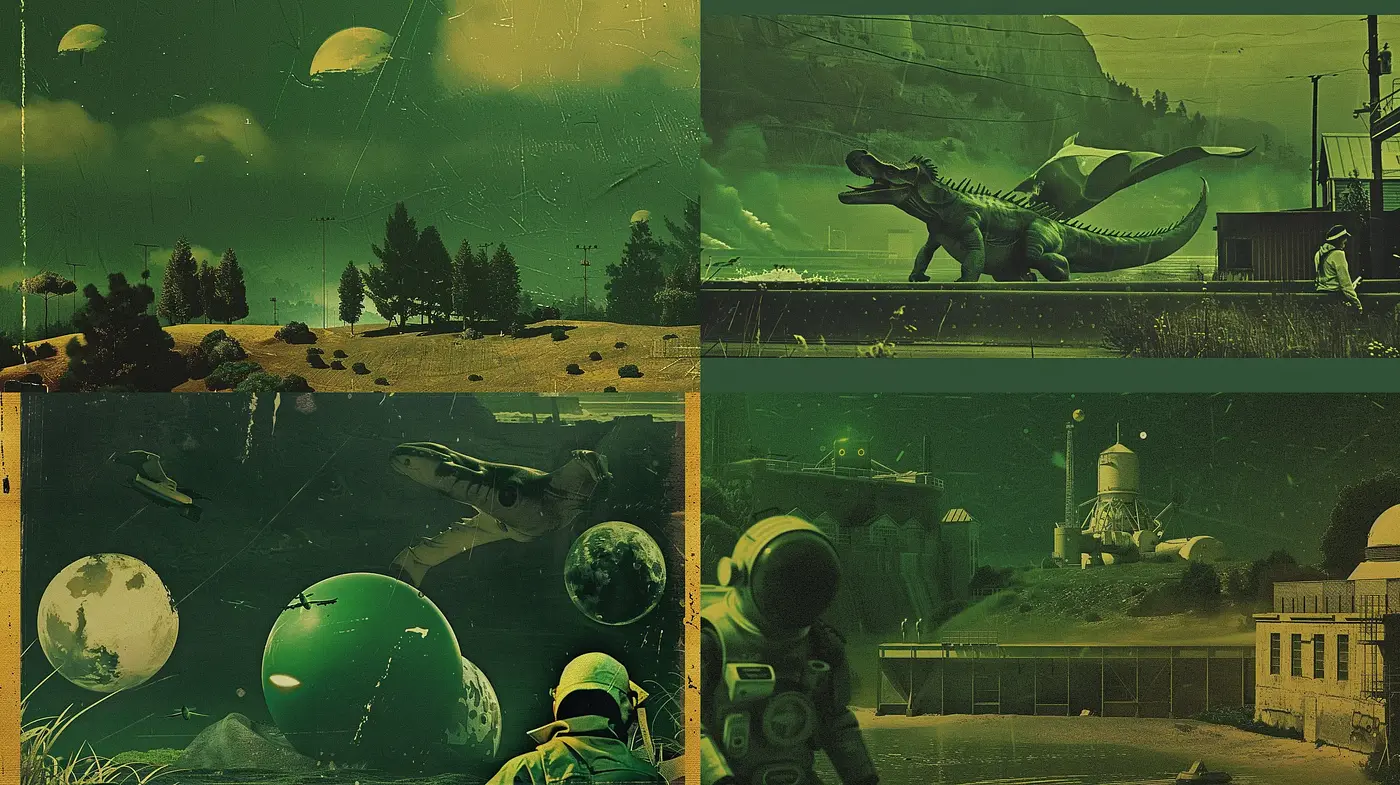 Emerald Dreamscape: A Fusion of Retrofuturism and Dystopian Overtones - Midjourney sref style
