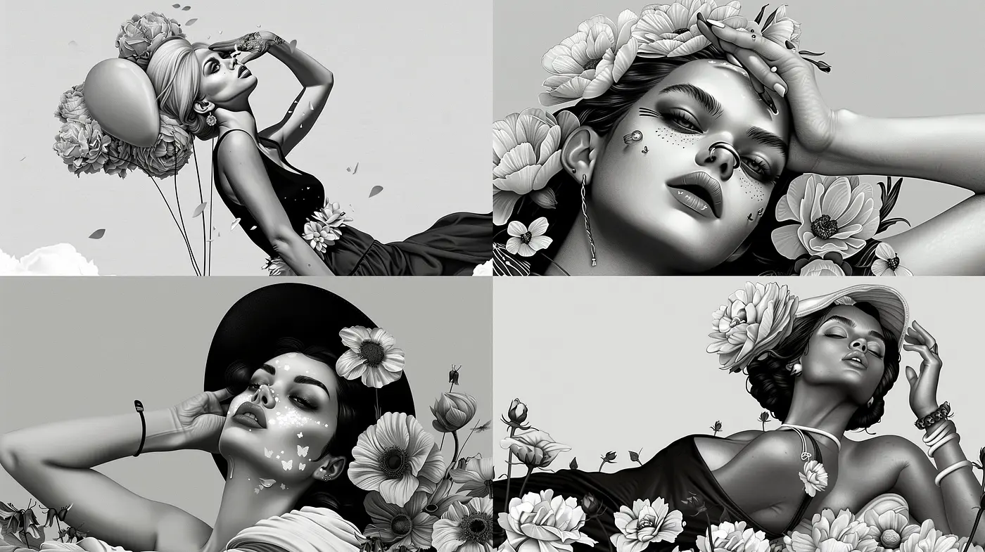 Monochromatic Elegance: A Harmonious Fusion of Floral Grace and Timeless Beauty in Grayscale - Midjourney sref style