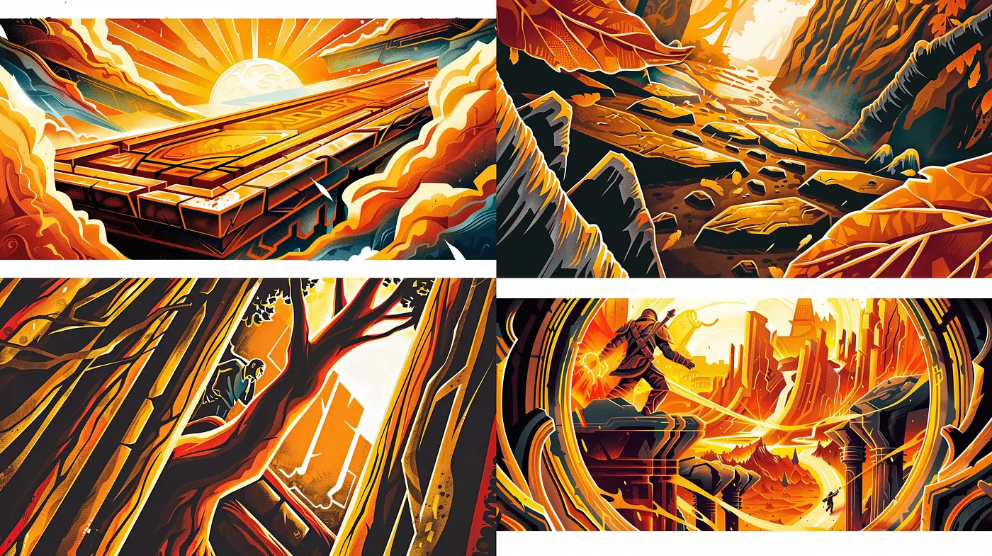 Sunset Hues of Dynamic Art Deco Influences with a Cinematic Twist - Midjourney sref style
