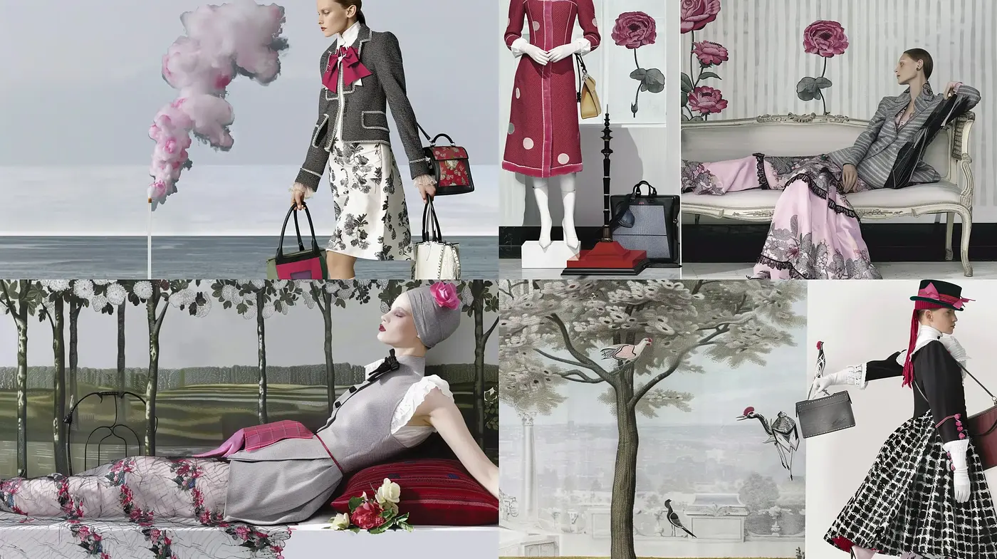 Elegant Fusion of Vintage Fashion and Surreal Scenery - Midjourney sref style