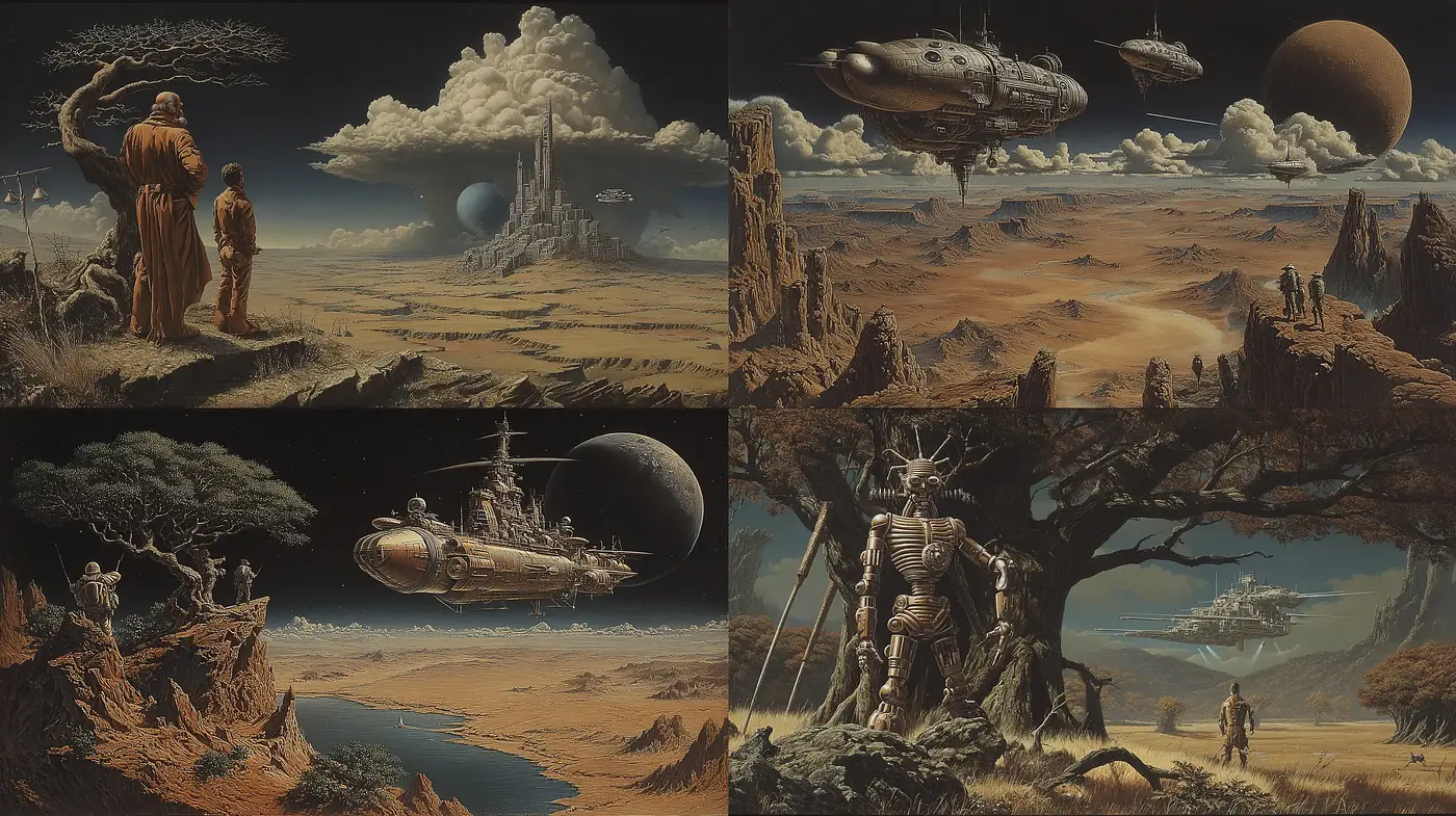 Intricate Visions of Futuristic Landscapes with Organic and Mechanical Fusion - Midjourney sref style