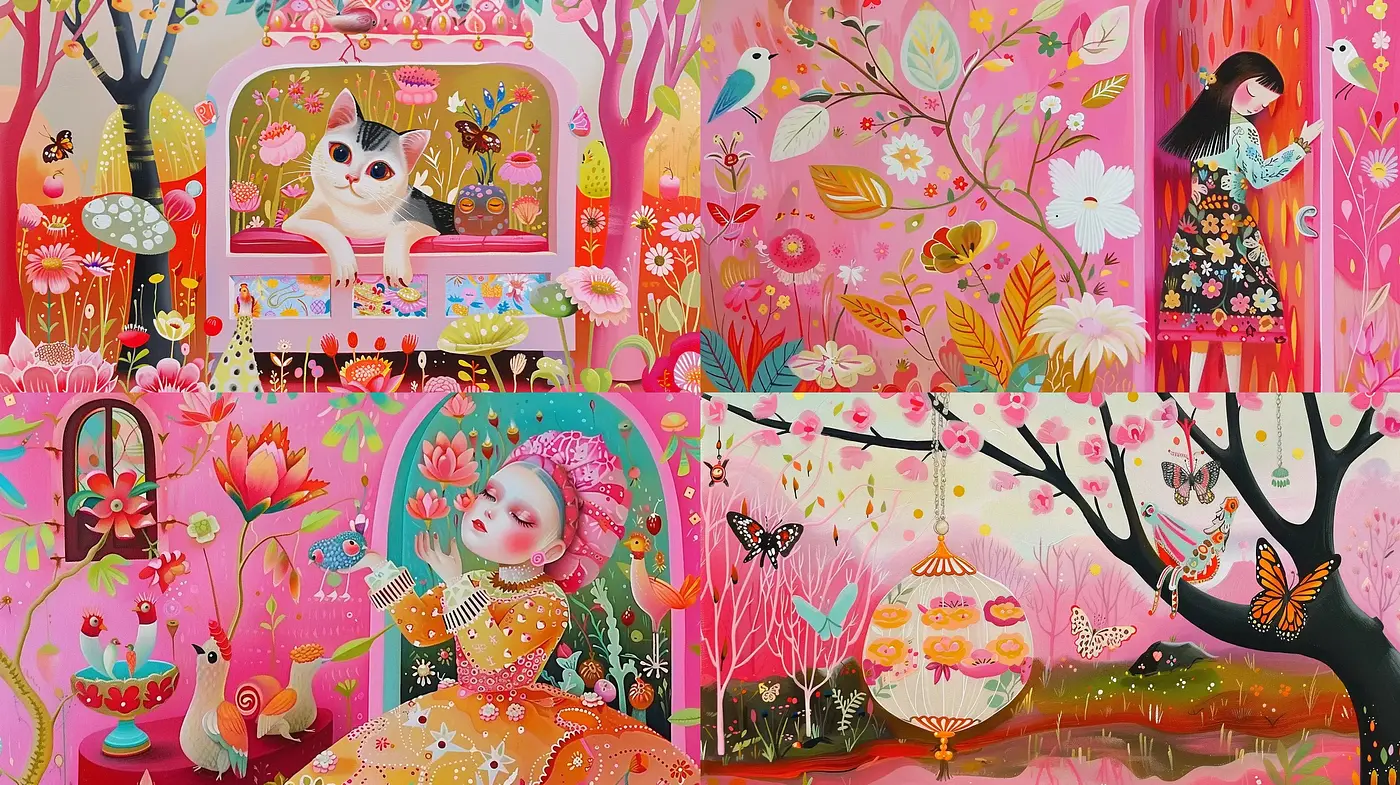 Enchanted Whimsy: A Dreamlike Fusion of Vibrant Botanicals and Charming Fauna - Midjourney sref style