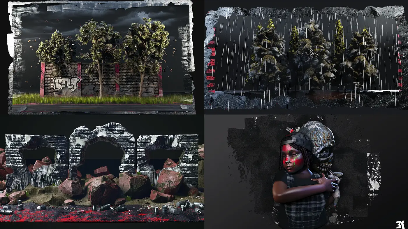 Post-Apocalyptic Surrealism with Monochromatic Tones and Vivid Accents - Midjourney sref style