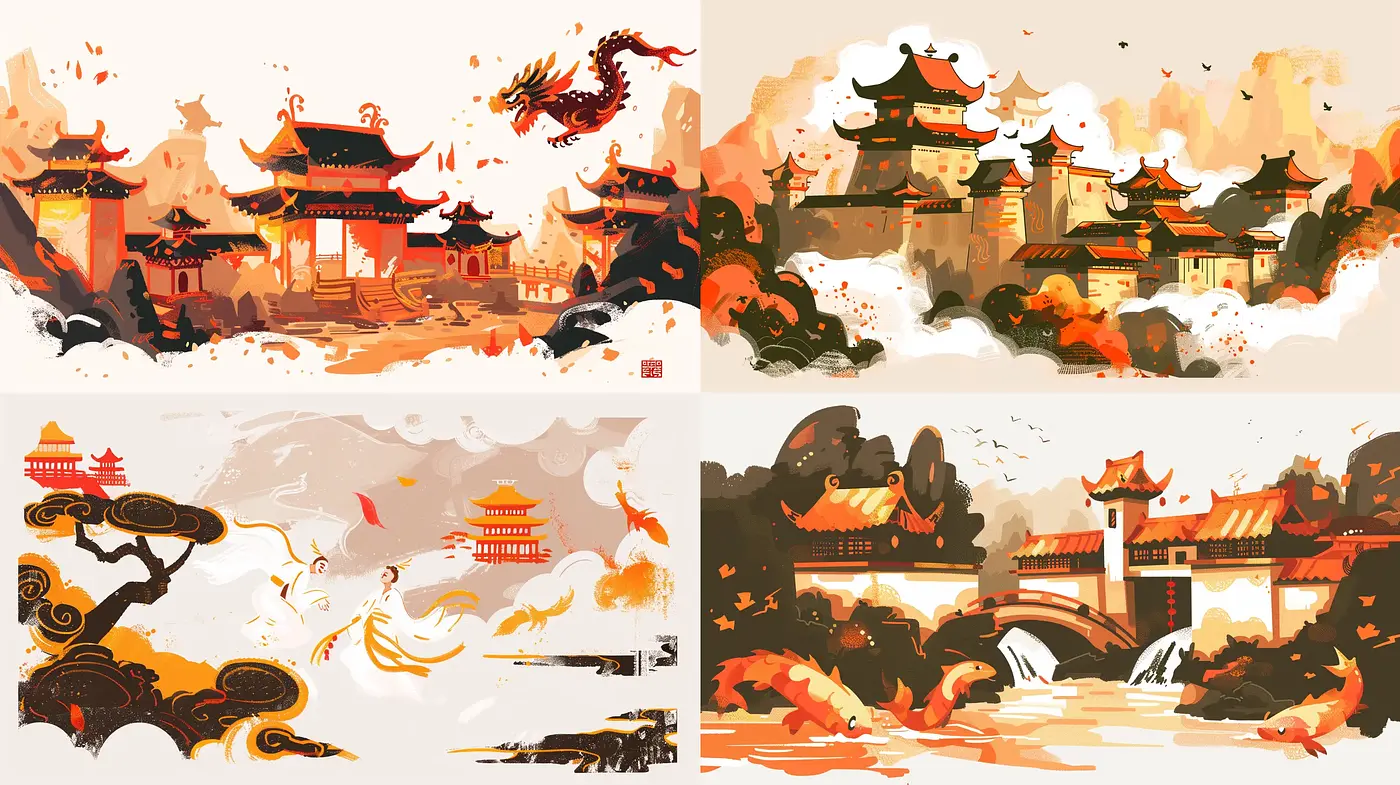 Transcendent Oriental Dreamscapes in Warm Digital Brushstrokes - Midjourney sref style