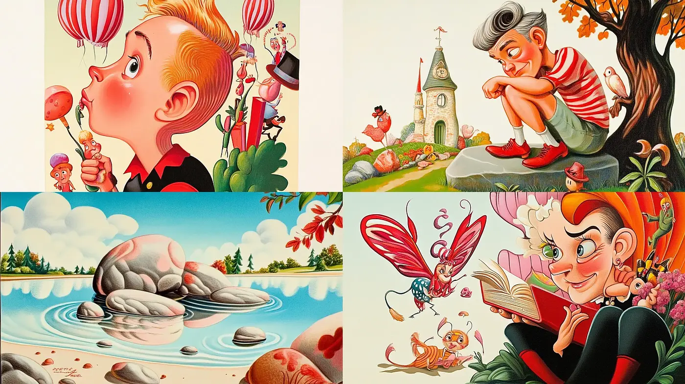 Whimsical Storybook Illustrations with a Vibrant Mid-Century Modern Vibe - Midjourney sref style