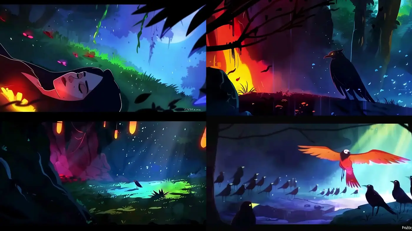 Mystical Nocturne: The Dance of Light and Shadows in a Whimsical Animated Landscape - Midjourney sref style