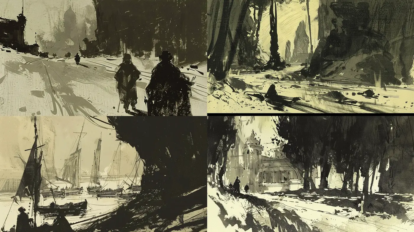 Monochromatic Expressive Brushwork Illustrations - Midjourney sref style