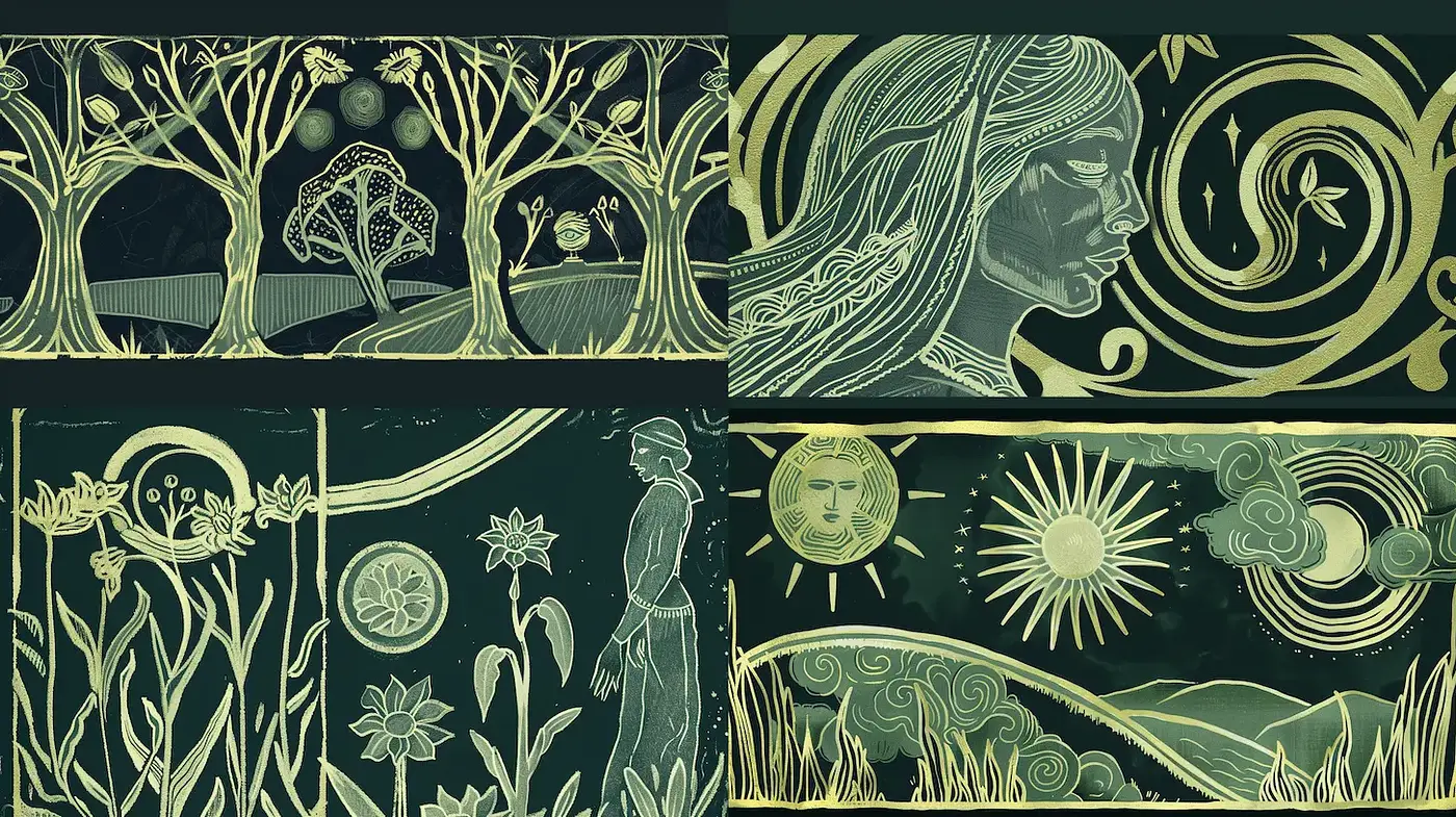 Intricate Illustrative Exploration of Nature and Emotion - Midjourney sref style