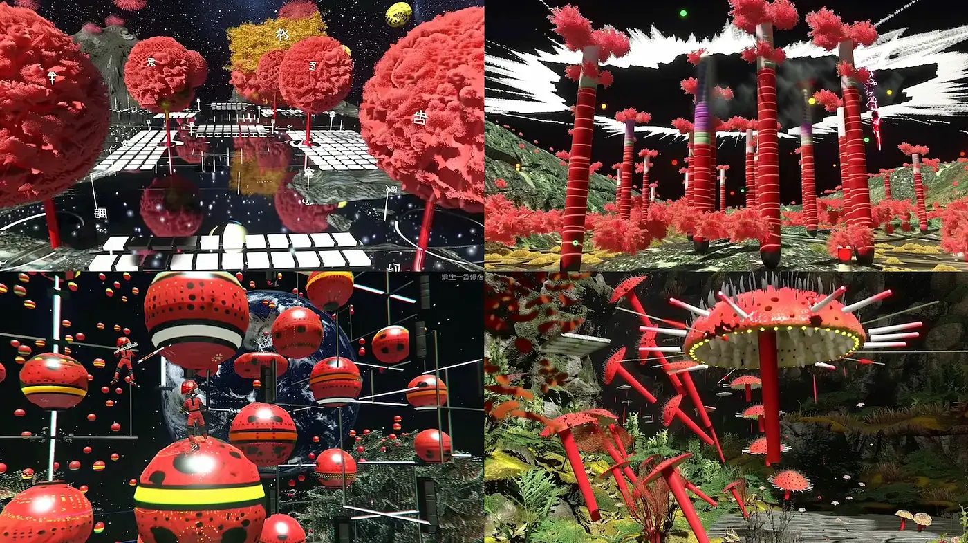 Surrealistic Fusion of Organic and Geometric Forms in a Vivid Color Landscape - Midjourney sref style