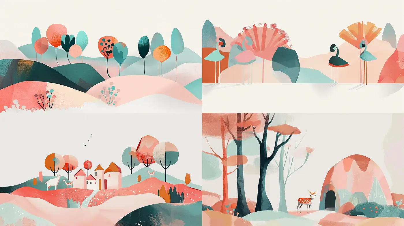 Whimsical Pastel Landscapes: A harmonious blend of softened hues and playful forms - Midjourney sref style