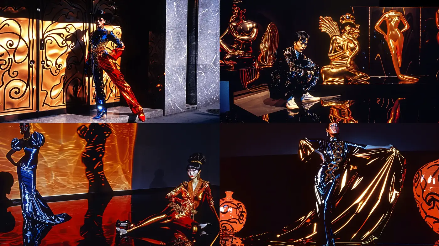 Glimmering Nocturne: A Tapestry of Lustrous Shadows and Bold Hues - Midjourney sref style