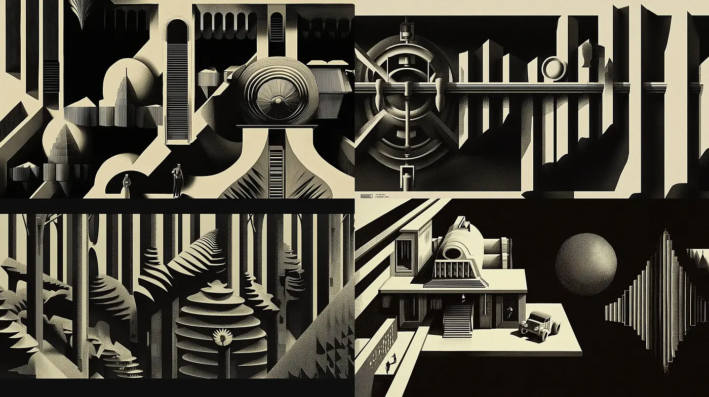 Monochromatic Geometric Abstraction in Architectural Fantasy - Midjourney sref style