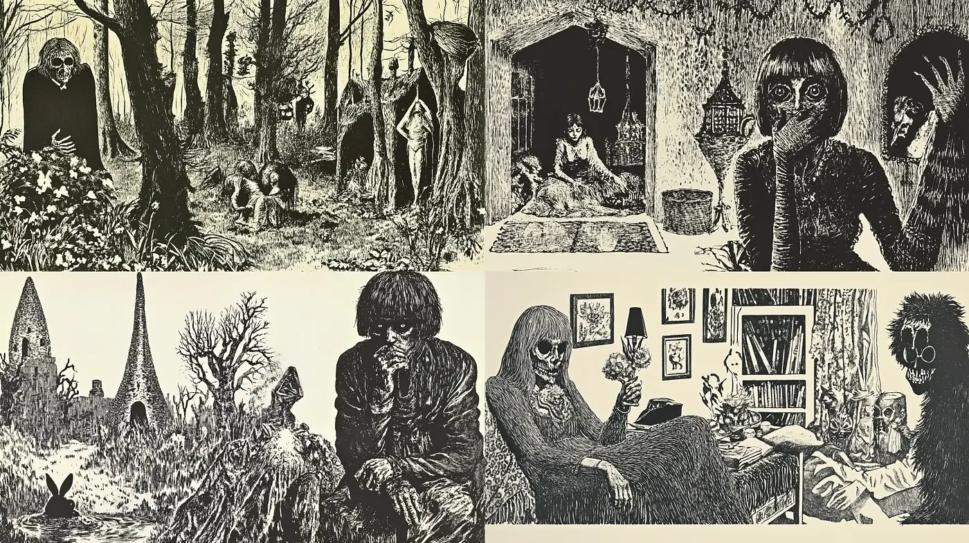 Whimsical Gothic Fantasy with Etching Aesthetics - Midjourney sref style