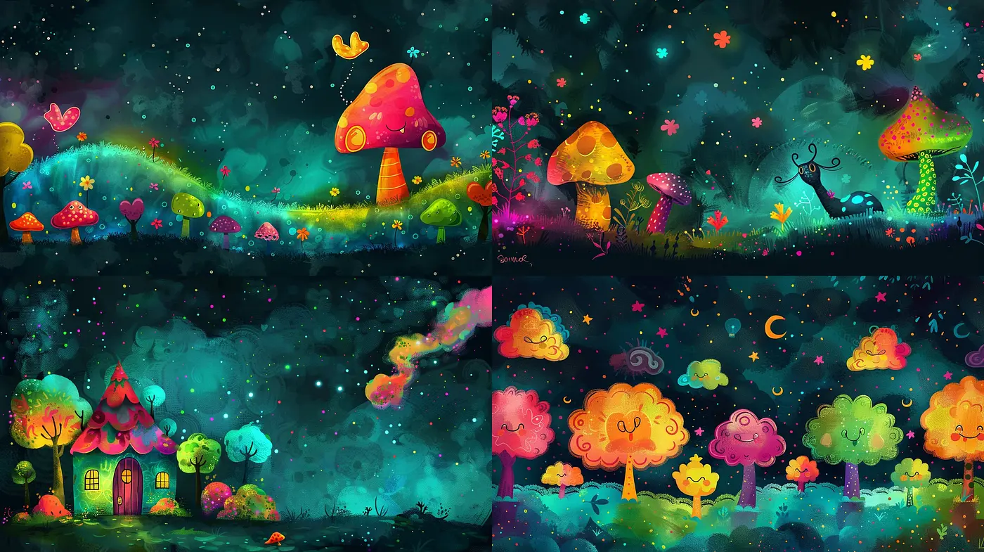 Enchanting Nocturnal Dreamscape: A Vivid Tapestry of Chromatic Whimsy - Midjourney sref style