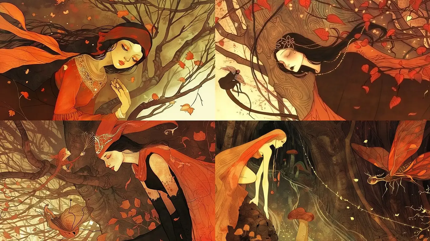 Enchanted Vermilion Forest: A Stylized Autumnal Dreamscape - Midjourney sref style