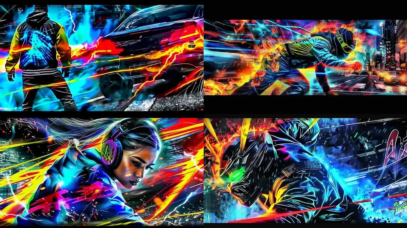 Dynamic Neon Exploration with Futuristic Vibes and Expressive Motion - Midjourney sref style