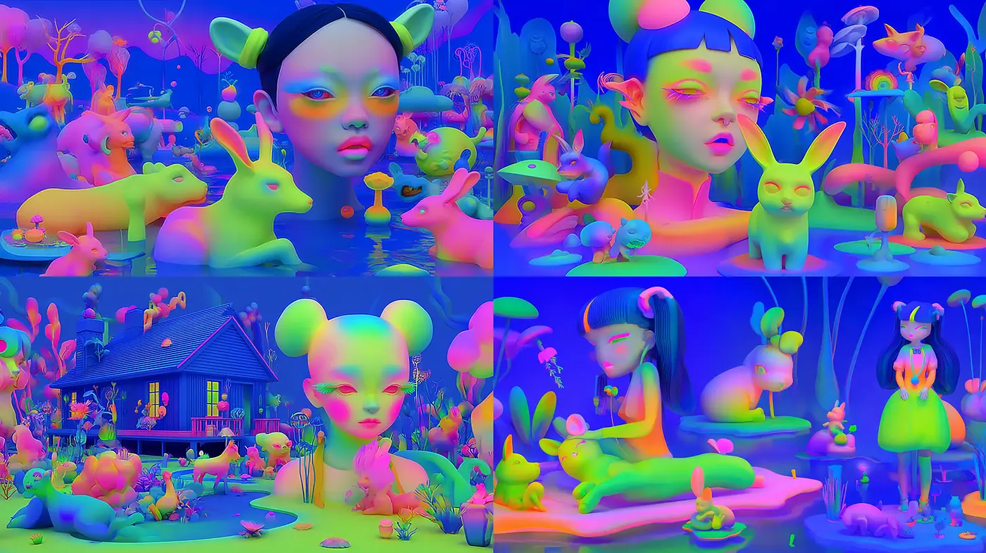 Playful and Vibrant Dreamlike Aesthetic with Surrealist Influences - Midjourney sref style