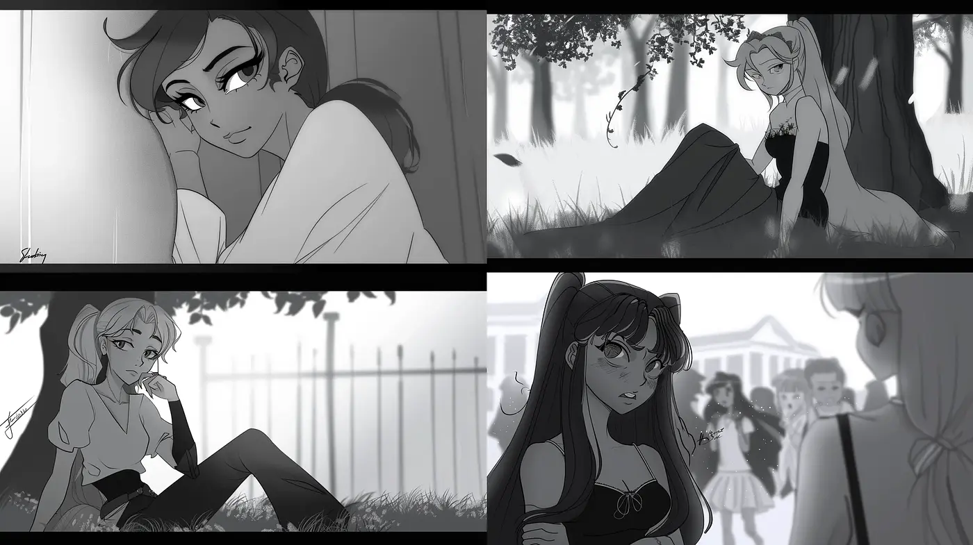 Elegant Monochromatic Anime Illustration Series - Midjourney sref style