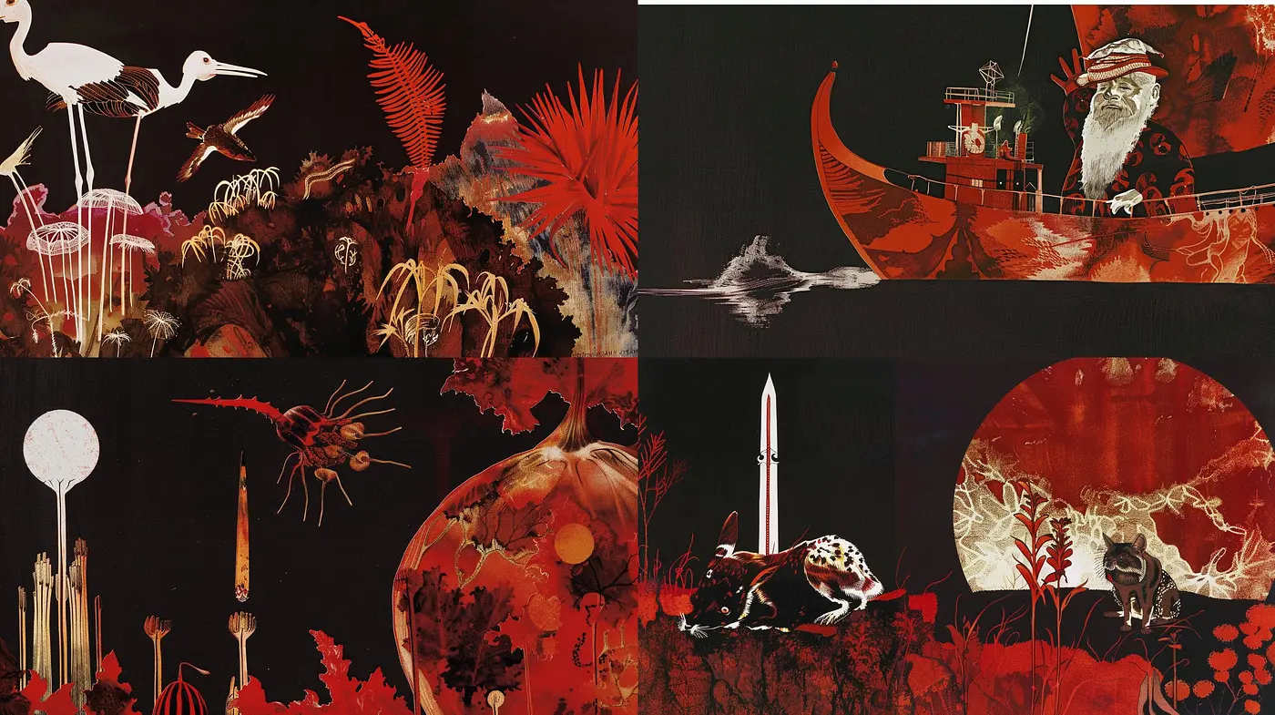 Crimson Shadows and Silhouettes: An Exploration of Dramatic Contrast in a Surrealist Dreamscape - Midjourney sref style
