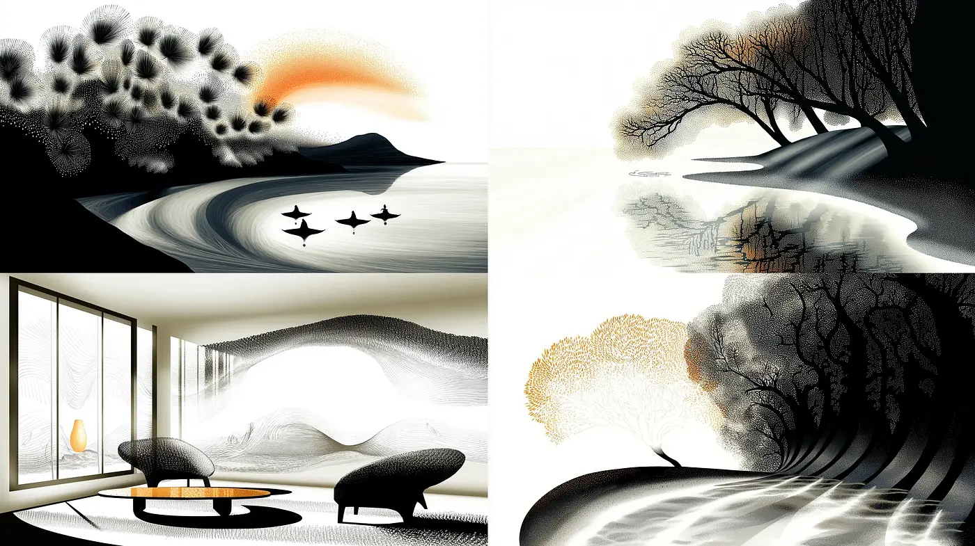 Monochromatic Serenity in Stylized Nature Scenes - Midjourney sref style