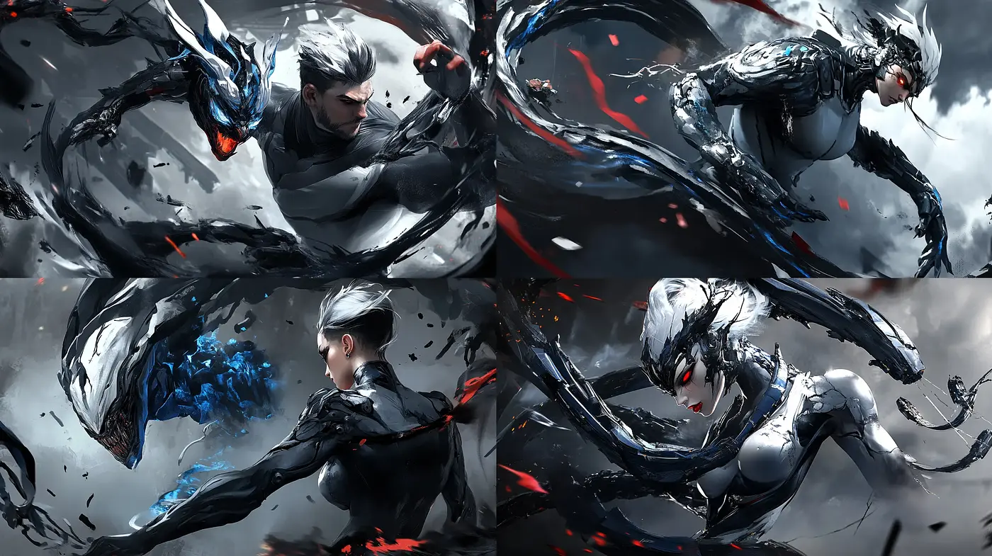 Dynamic Brushstrokes and Contrasting Elegance in Monochromatic Fantasy - Midjourney sref style