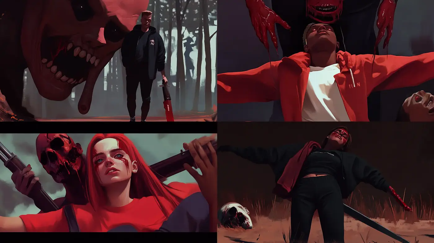 Eerie Harmony of Red: A Consistent Thematic Visual in a Surreal, Sinister Ambiance - Midjourney sref style