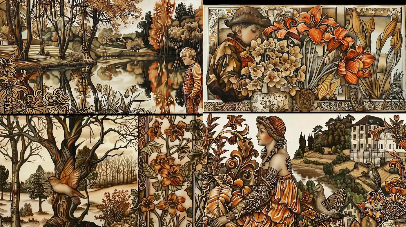 Artistic Exploration of Nature and Human Interaction in Vintage Style - Midjourney sref style