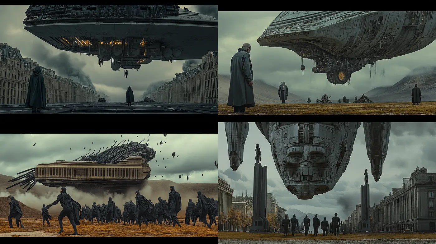 Futuristic dystopian landscapes with a blend of sci-fi and classical architecture - Midjourney sref style