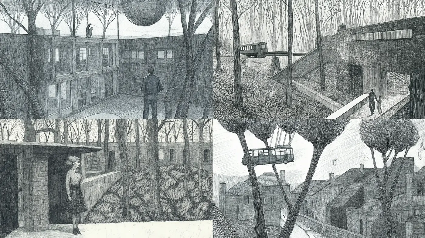 Monochromatic Graphite Sketches of Surreal Urban Solitude - Midjourney sref style