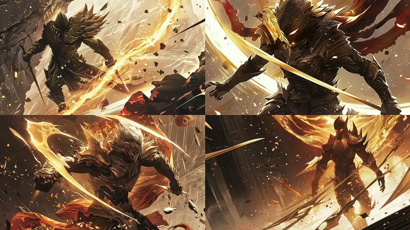 Dynamic Blaze of Mythical Warriors: A Convergence of Illustrative Mastery and Fiery Ambiance - Midjourney sref style