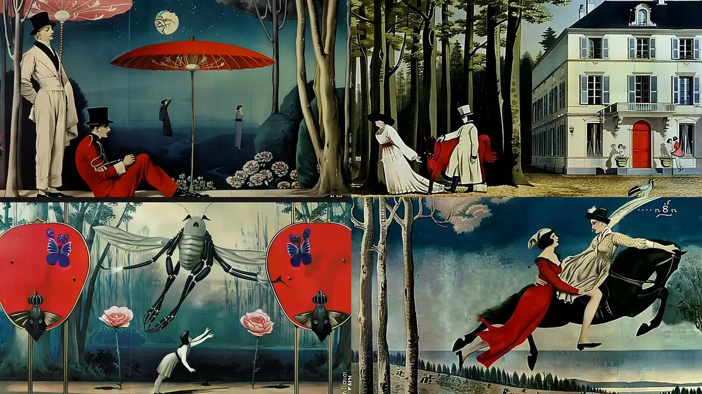 Surreal vintage aesthetic with whimsical elements and dreamlike scenarios - Midjourney sref style