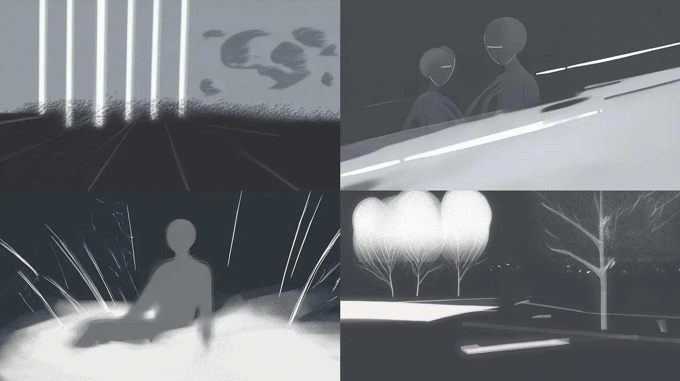 Monochromatic Whispers of Light and Shadow - Midjourney sref style