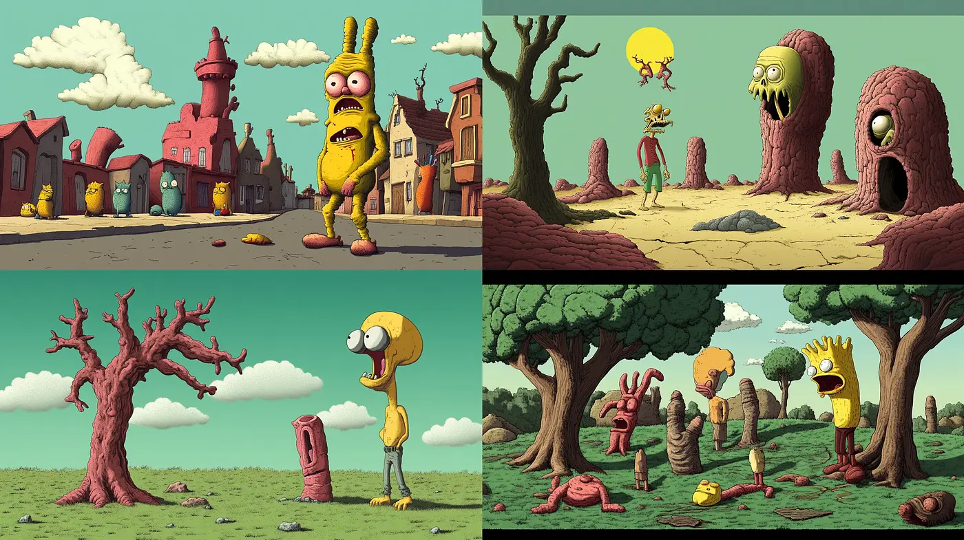 Surreal and Eccentric Cartoon Style with a Unified Color Vision - Midjourney sref style