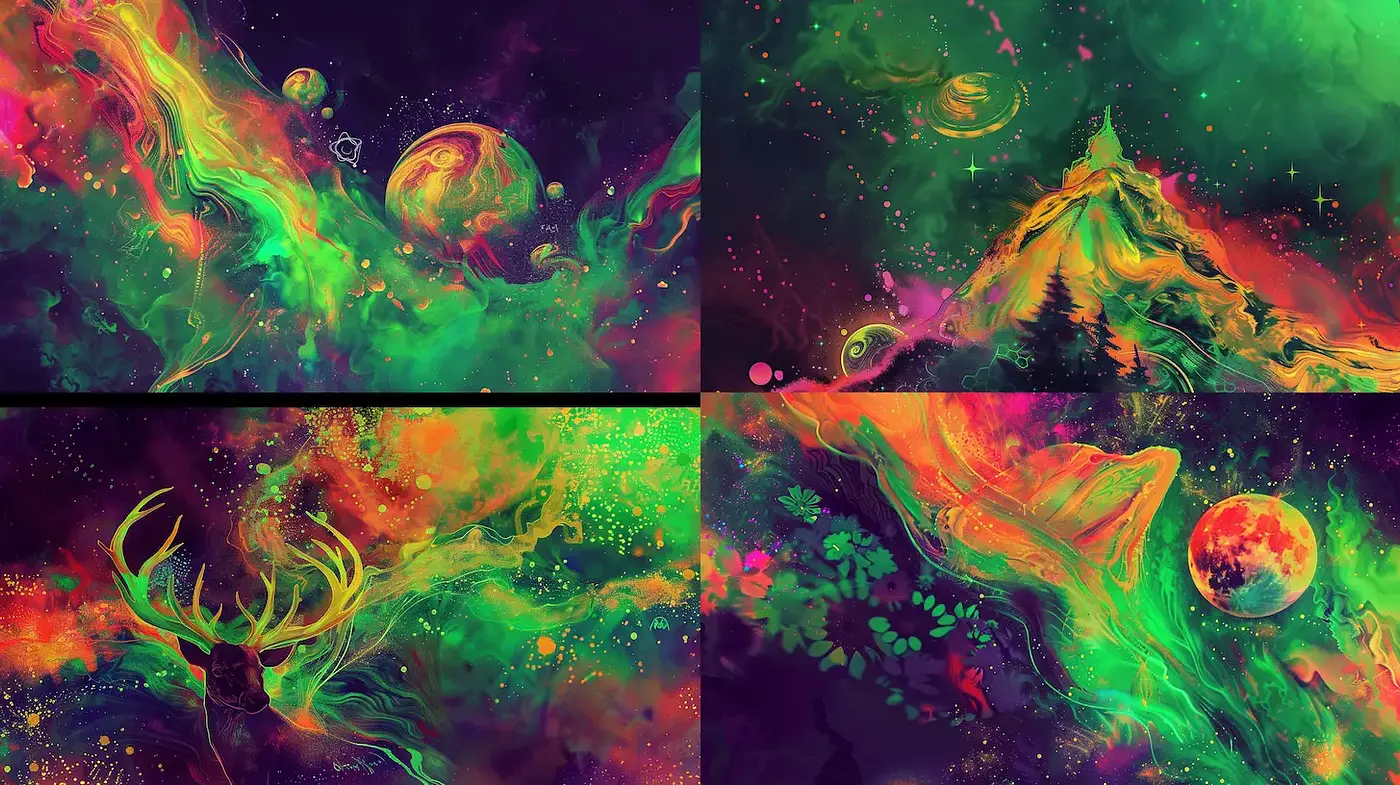 Vibrant and Ethereal Cosmic Landscapes with Nature Elements - Midjourney sref style