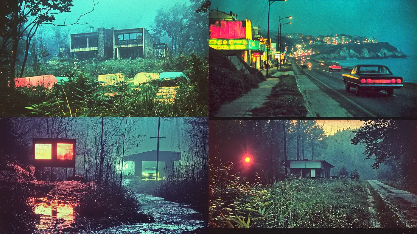 Nocturnal Hues in Contemporary Cinematic Scenes - Midjourney sref style